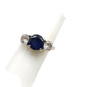 Blue Spinel Clear CZ 3 Stone Engagement Ring Size 7.25 Sterling Silver Vintage